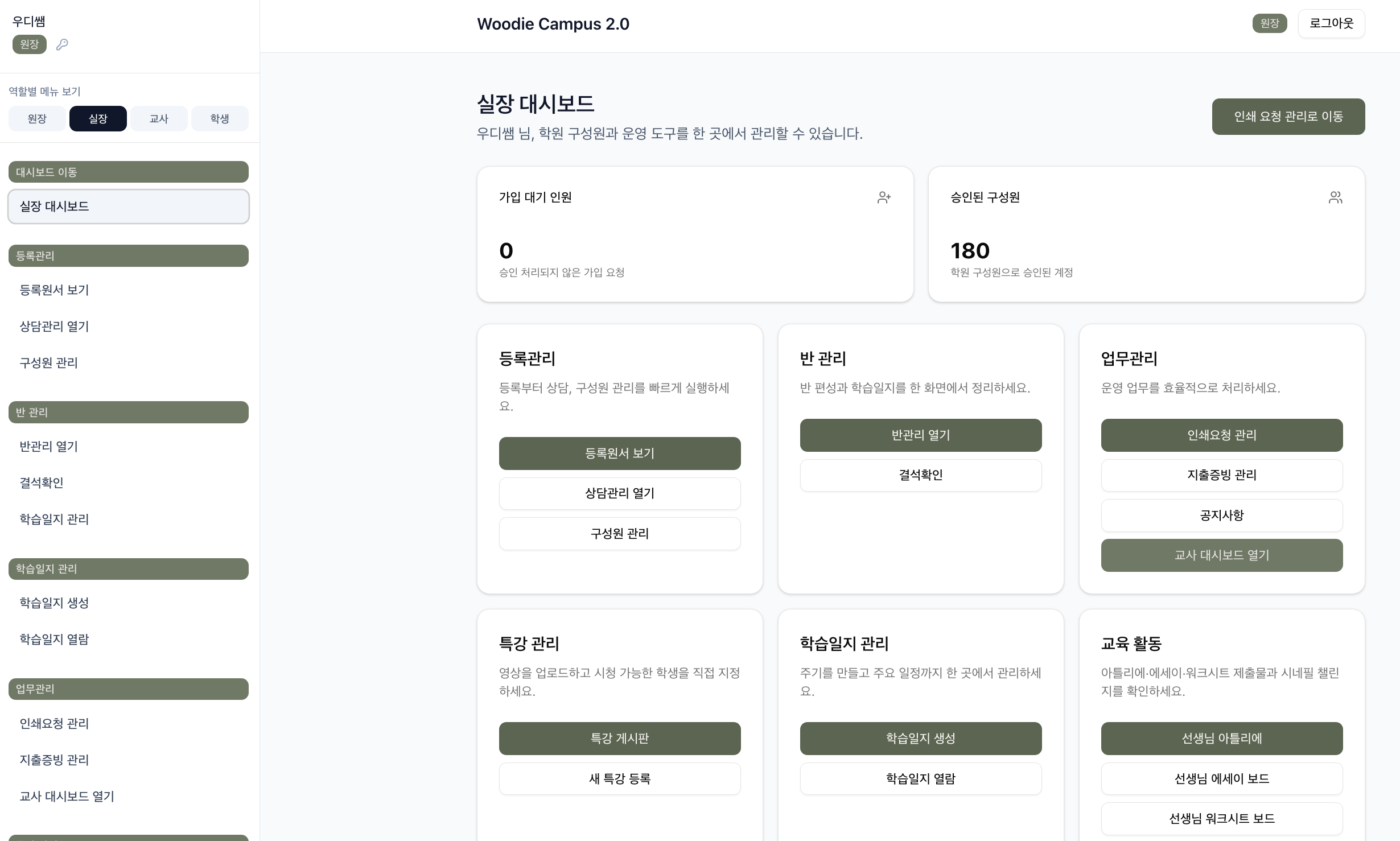 우디캠퍼스 2.0 실장 대시보드 화면